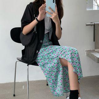 Floral Slit Medium Long A-line Skirt