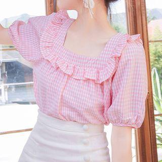 Short-sleeve Square-neck Frill Trim Check Blouse