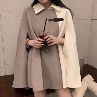 Collared Two-tone Poncho Khaki & Beige - One Size
