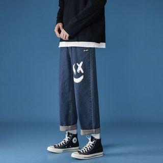 Smiley Face Print Cropped Straight Leg Jeans