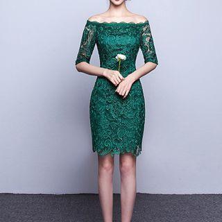 Off-shoulder Elbow-sleeve Mini Sheath Lace Dress