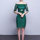 Off-shoulder Elbow-sleeve Mini Sheath Lace Dress