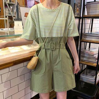 Short-sleeve Striped T-shirt / High Waist Suspender Shorts
