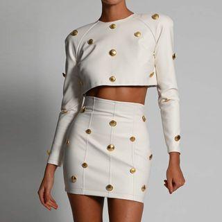 Set: Metallic Button Accent Crop Top + Mini Pencil Skirt