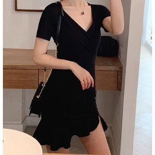 Asymmetric Ruffle Hem V-neck Sheath Dress