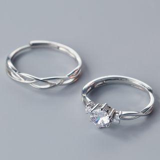 Set Of 2: Rhinestone Layered Sterling Silver Open Ring (various Designs) Set Of 2 Pcs - Silver - One Size