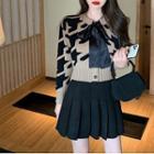 Long-sleeve Tie-neck Knit Top / Pleated Mini A-line Skirt
