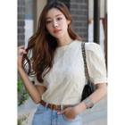 Puff-sleeve Shirred Lace Top