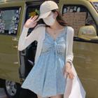 Spaghetti Strap Ruffle Hem Ruched Floral Mini Dress / Long-sleeve Cardigan