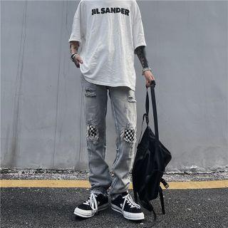 Distressed Applique Straight Leg Jeans