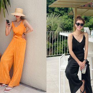 Crystal-pleat Sleeveless Top & Wide Pants Set