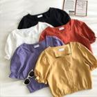 Plain Square-neck Single-breasted Short-sleeve Blouse