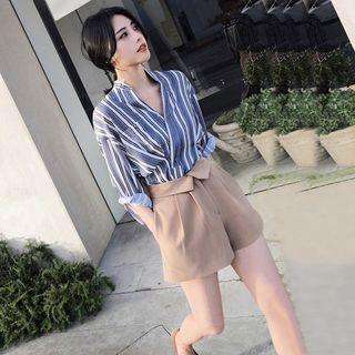 Set: Striped Blouse + Plain Wide Leg Shorts