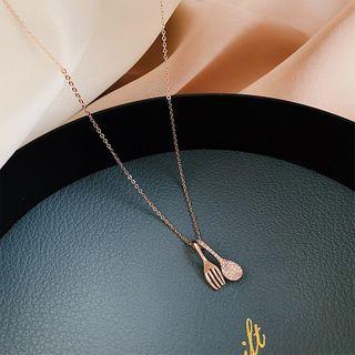 Rhinestone Spoon & Fork Pendant Necklace Rose Gold - One Size