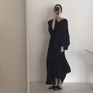 3/4-sleeve Plain Maxi Dress Black - One Size