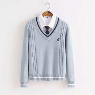 Embroidered Contrast Trim V-neck Sweater