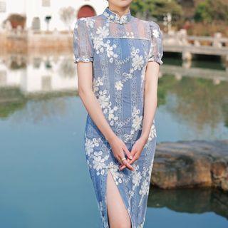 Puff-sleeve Floral Print Lace Trim Bodycon Dress
