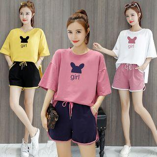 Set: Cartoon Print Elbow-sleeve T-shirt + Sweat Shorts