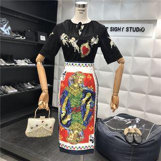 Set: Embroidered Elbow-sleeve Top + Printed Midi Skirt