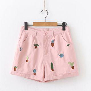 Plants Embroidered Shorts Pink - One Size