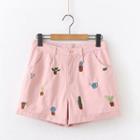 Plants Embroidered Shorts Pink - One Size
