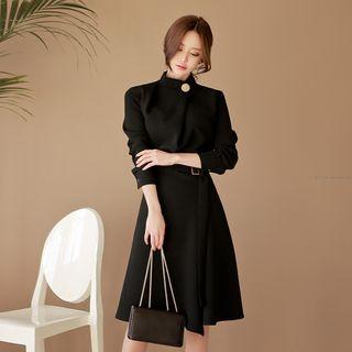 Mock-turtleneck Belted Long-sleeve A-line Dress