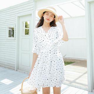 Elbow-sleeve Dotted A-line Mini Dress