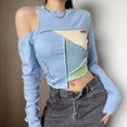 Long-sleeve Cold-shoulder Asymmetrical Hem Color Block Crop Top