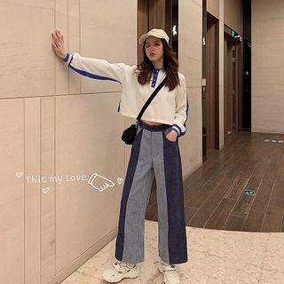 Two-tone Cropped Wide-leg Jeans / Collared Pullover