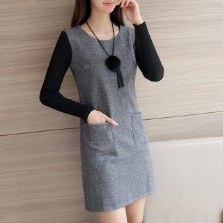 Long Sleeve Rib Knit Panel Shift Dress
