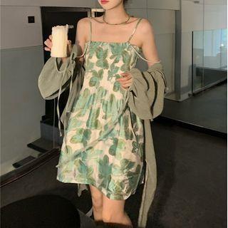 Spaghetti-strap Print Mini A-line Dress / Open-front Jacket