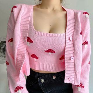 Set: Mushroom Print Tank Top + Cardigan