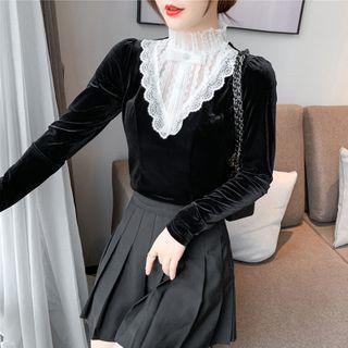 Long-sleeve Velvet Lace Panel Top