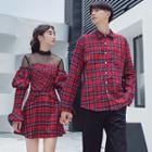 Couple-matching Long-sleeve Plaid Shirt / Paneled Mini A-line Dress