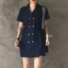 Button Front V-neck Shirt Dress Navy Blue - One Size