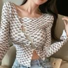Long-sleeve Plaid Top Gray & White - One Size