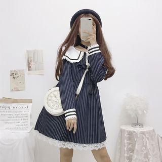 Long-sleeve Lace Trim Striped Mini Dress