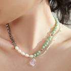 Beaded Necklace Necklace - Faux Pearl - Green & White - One Size