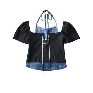 Mock Two-piece Short-sleeve Denim Top