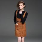 Set: Long-sleeve Knit Top + Corduroy Sleeveless Dress