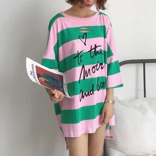 Ripped Striped 3/4-sleeve Long T-shirt