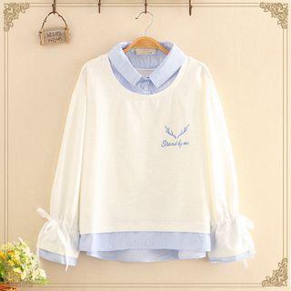Inset Pinstripe Shirt Elk Embroidered Pullover