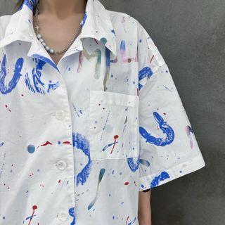 Print Over-sized Short Sleeve Shirt White - One Size