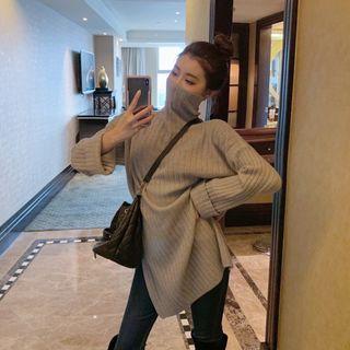 Turtleneck Side-slit Long Knit Top Gray - One Size