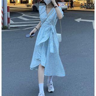 Short-sleeve Floral Asymmetrical Hem Tie-waist Dress Floral - One Size