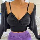 Spaghetti-strap Knotted Crop Top Black - One Size