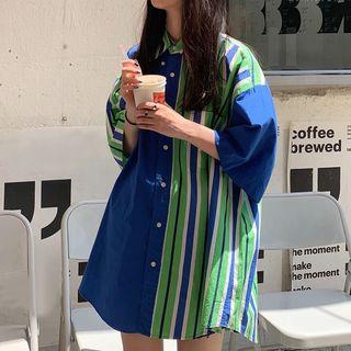 Stripe Panel Oversize Short-sleeve Shirt As Shown In Figure - One Size