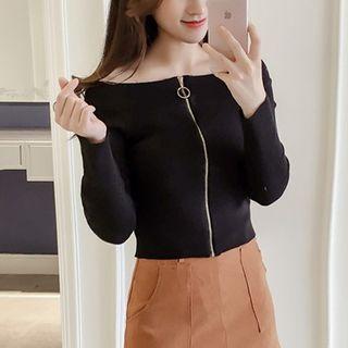 Off-shoulder Zip Knit Top