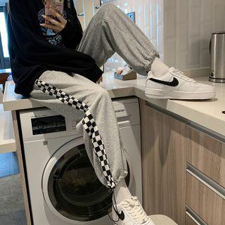 Drawstring Plaid Panel Gathered Cuff Pants