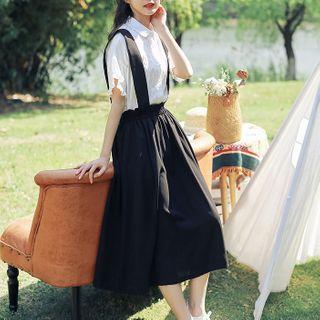 Set: Short-sleeve Blouse + Midi A-line Suspender Skirt